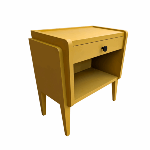 Table de chevet design rétro jaune moutarde - Côté gauche
